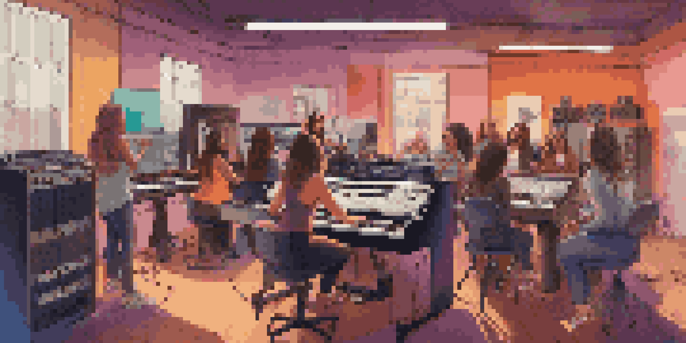 A diverse group of women working collaboratively in a colorful music studio filled with sound equipment and instruments under warm lighting.