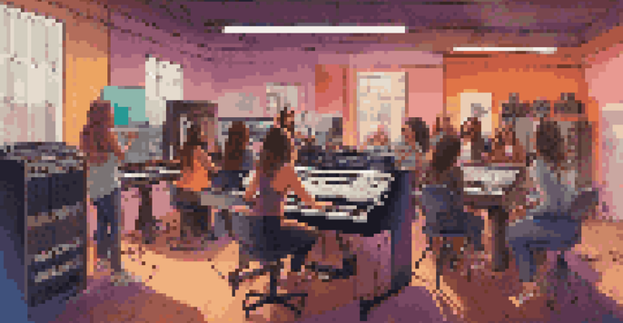 A diverse group of women working collaboratively in a colorful music studio filled with sound equipment and instruments under warm lighting.