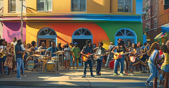 A street scene with diverse musicians performing together, featuring a reggae band and a hip-hop artist, surrounded by an enthusiastic crowd and colorful graffiti art.