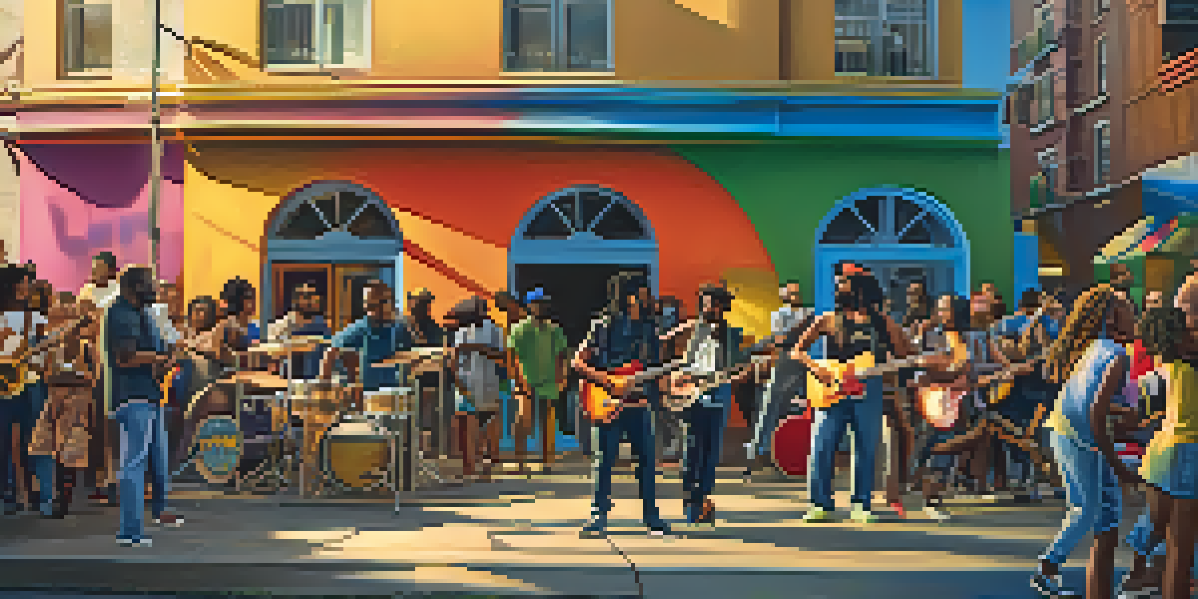 A street scene with diverse musicians performing together, featuring a reggae band and a hip-hop artist, surrounded by an enthusiastic crowd and colorful graffiti art.