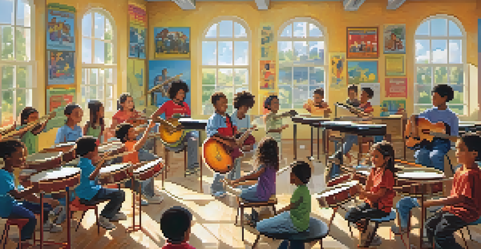 A lively classroom with children playing musical instruments together, surrounded by colorful decorations and sunlight coming through the windows.