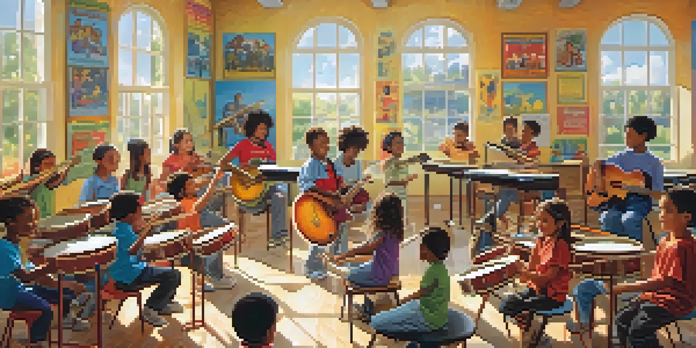 A lively classroom with children playing musical instruments together, surrounded by colorful decorations and sunlight coming through the windows.