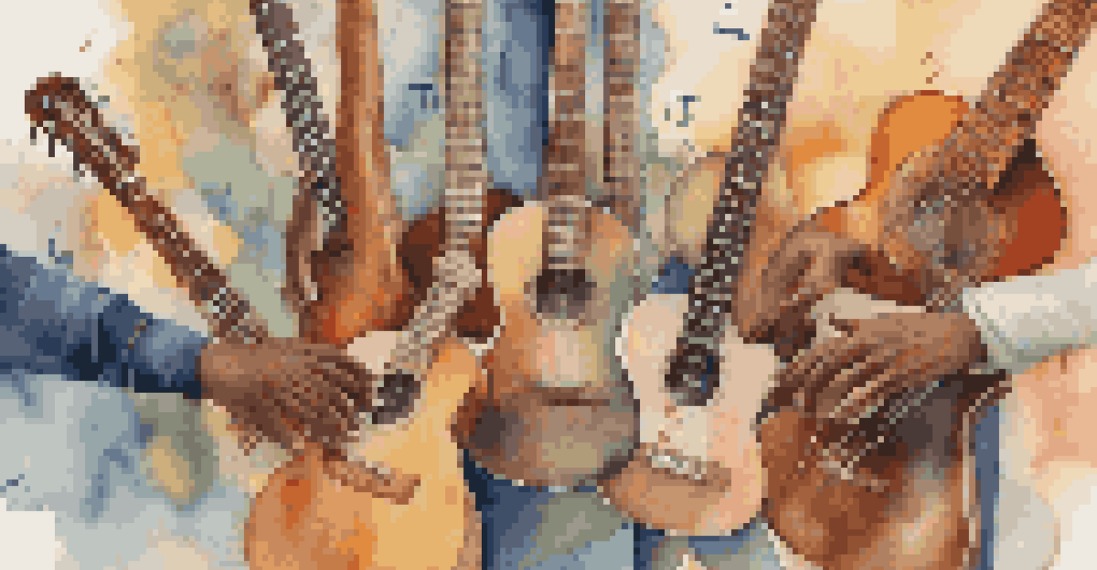 Diverse hands holding musical instruments, symbolizing unity through music with a colorful background of notes.