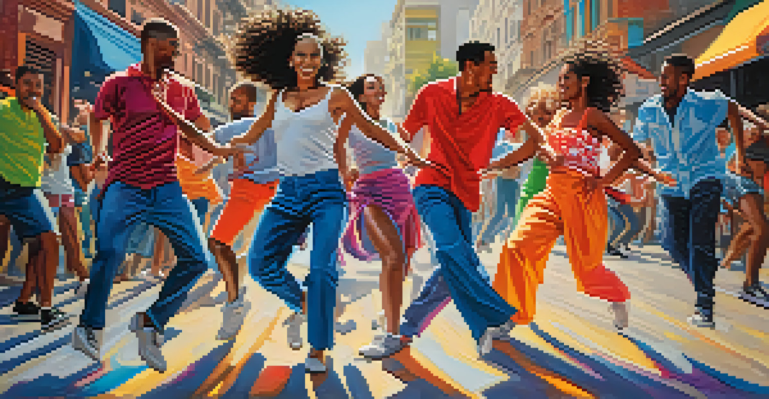 A group of dancers performing a lively salsa routine in a colorful urban setting with vibrant street art.