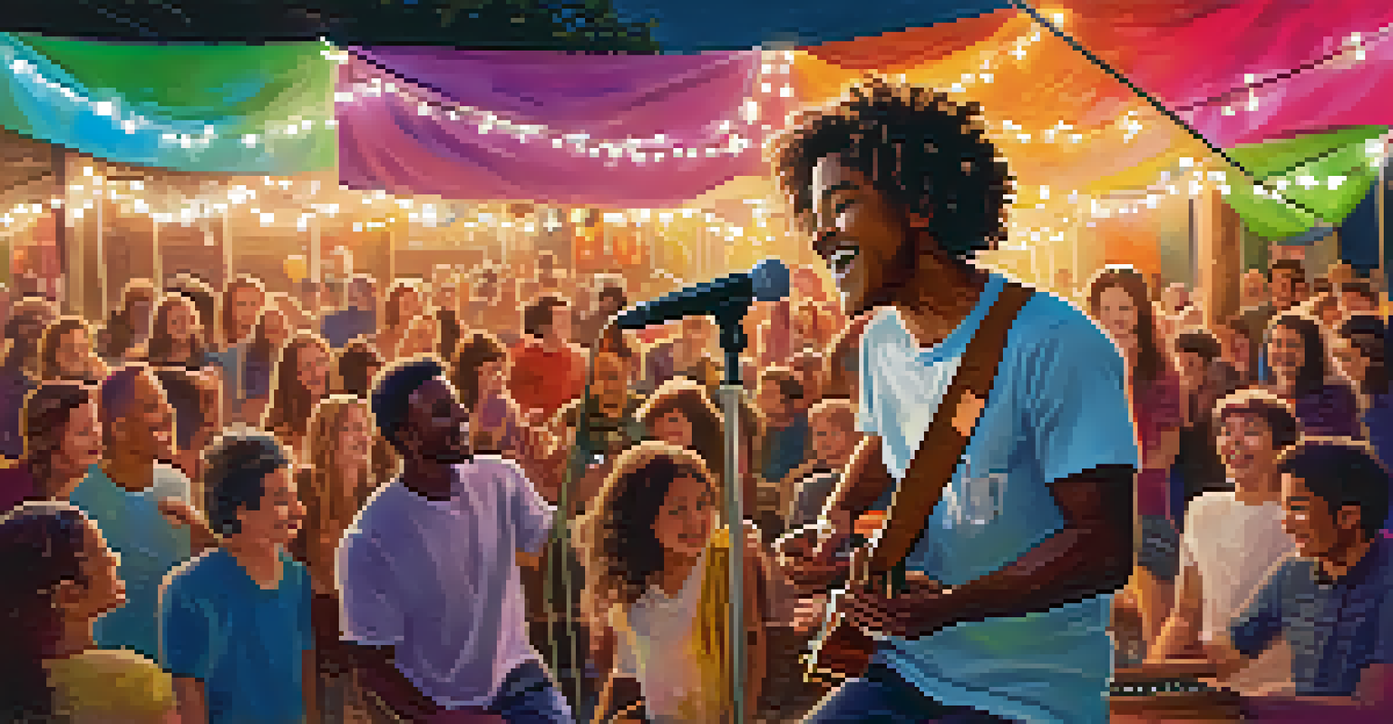 A young musician performing on stage at a community music night, with an enthusiastic audience enjoying the performance.