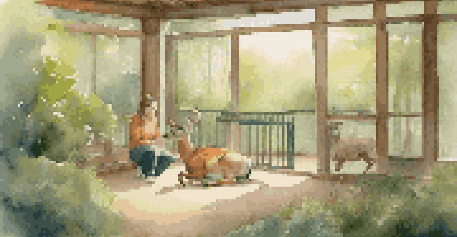 A wildlife rehabilitation center where a caregiver plays calming music for a distressed deer in a cozy environment.