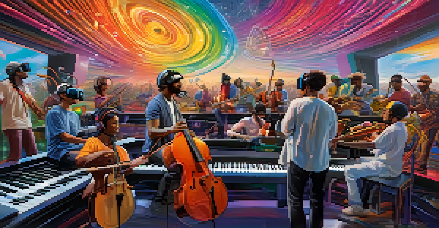 Musicians collaborating in a virtual reality space, interacting with holographic instruments and notes.