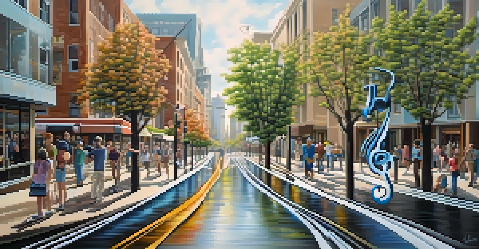 Musical notes flowing through a cityscape, blending music with urban life in soft pastel colors.