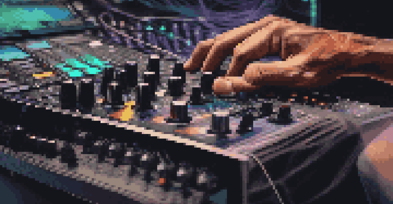 A DJ's hands adjusting a digital audio workstation with colorful sound waves on the screen.