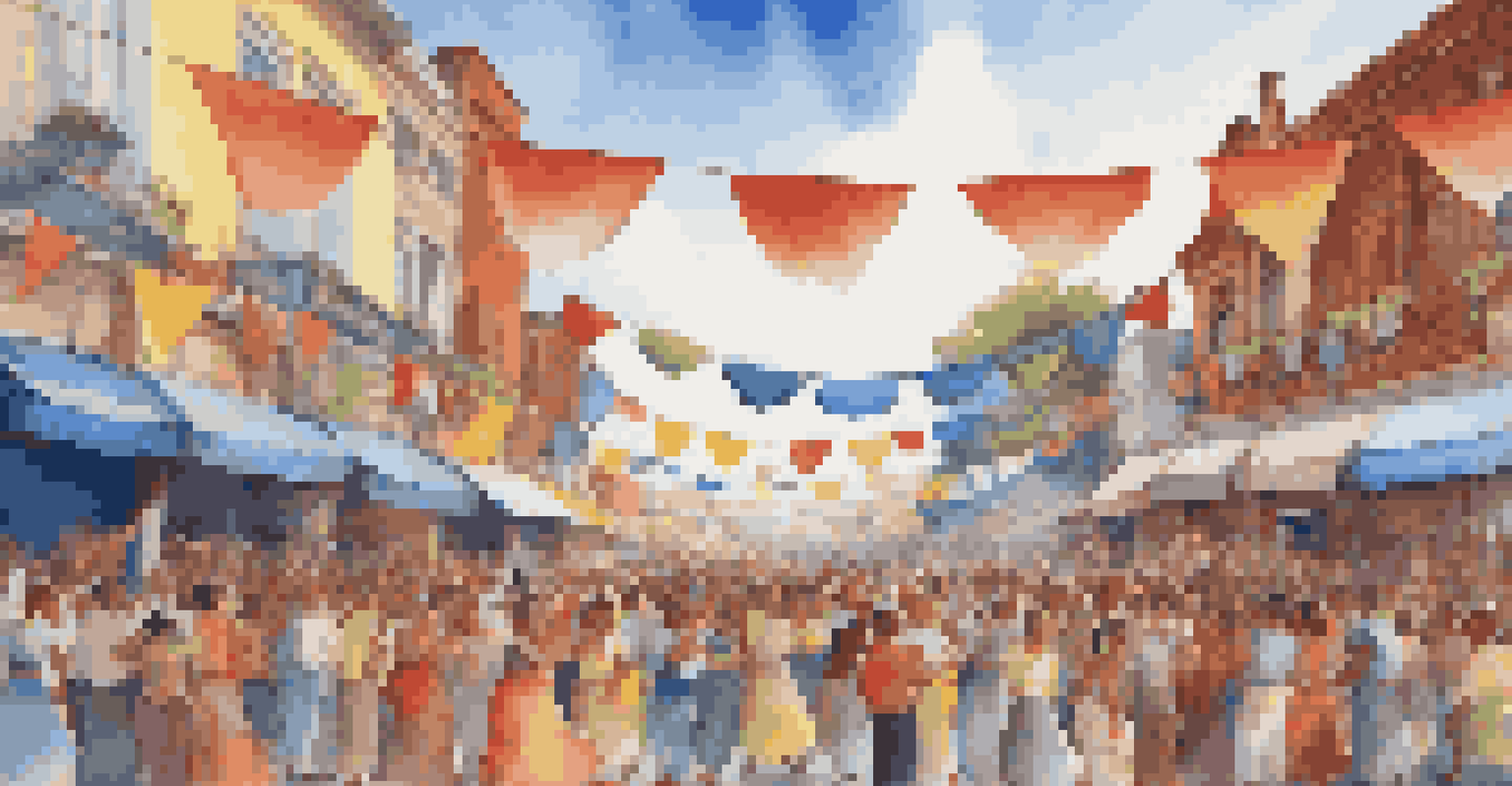 A lively street festival with performers on stage, people dancing, and colorful decorations in a bright blue sky.
