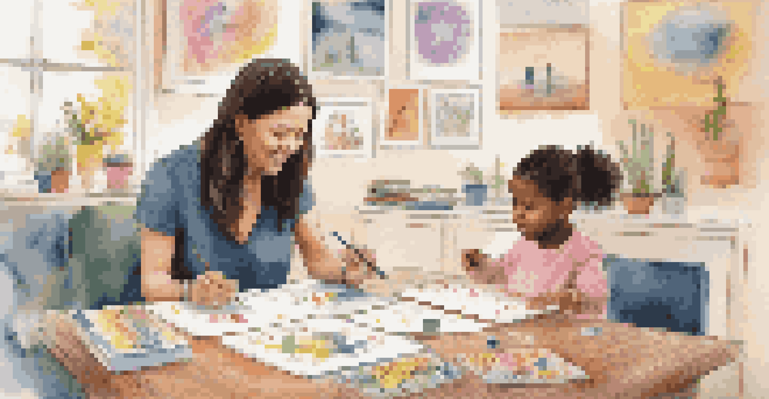 A therapist assisting a child in an art therapy session, with the child drawing in a cozy room filled with colorful art and soft music ambiance.