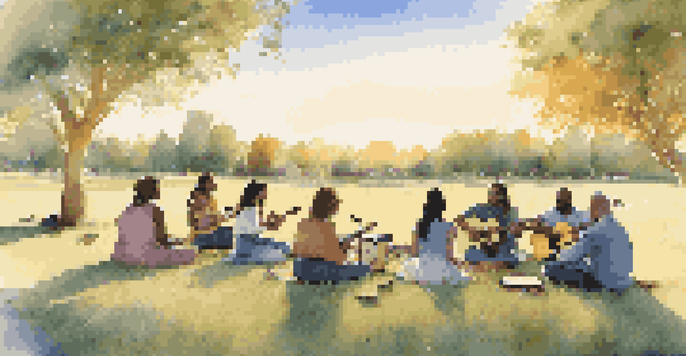 A diverse group of people engaged in a music therapy session outdoors, playing instruments in a sunny field surrounded by nature.