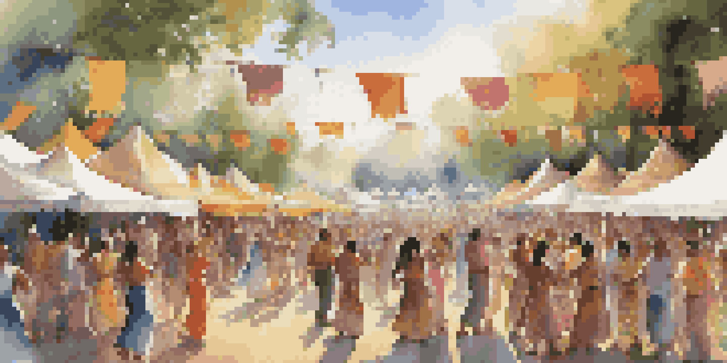 A lively outdoor music festival with diverse cultural performances, featuring colorful tents and banners, dancing attendees, and musicians playing various instruments.