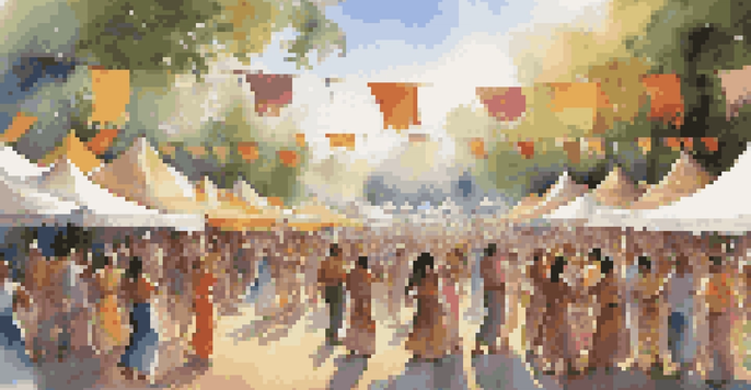 A lively outdoor music festival with diverse cultural performances, featuring colorful tents and banners, dancing attendees, and musicians playing various instruments.