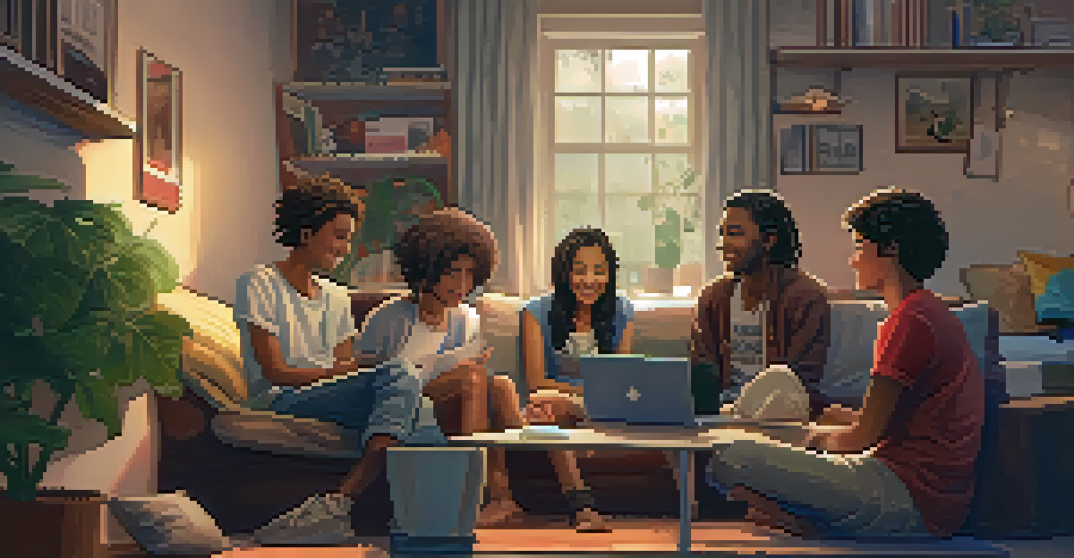 A group of young friends sharing music on a laptop in a cozy, culturally diverse indoor setting.