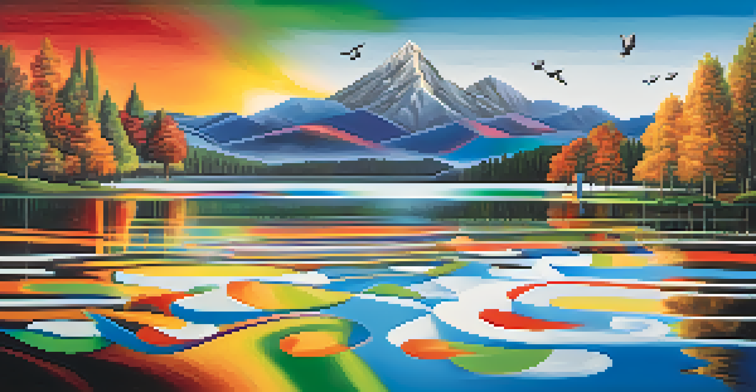 An abstract image of sound waves merging with a tranquil landscape featuring a lake and mountains, symbolizing the connection between music and mindfulness.