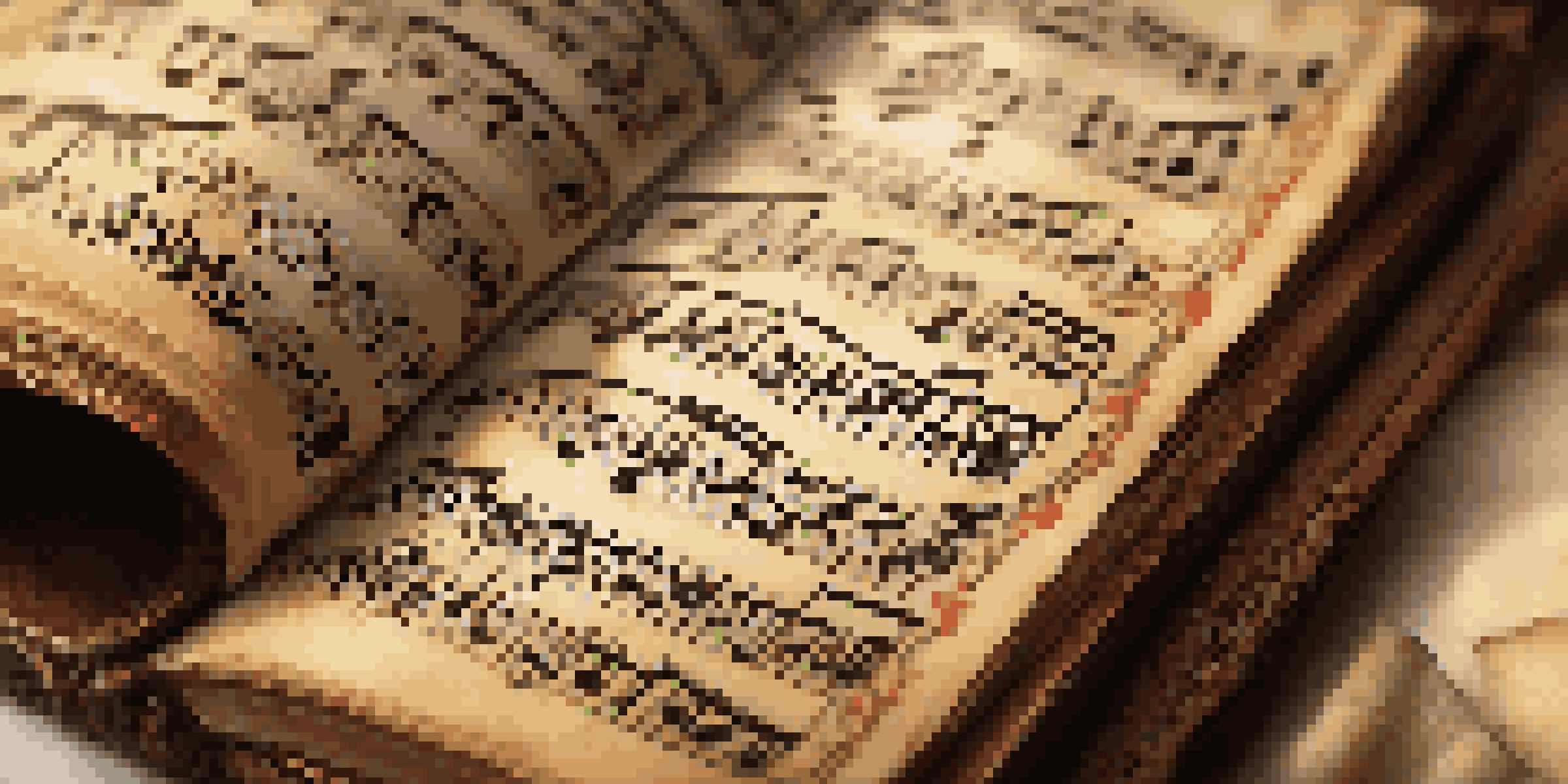 A close-up view of an ancient music manuscript open on a wooden table, showing intricate music notation in dark ink, with soft light filtering through a window.