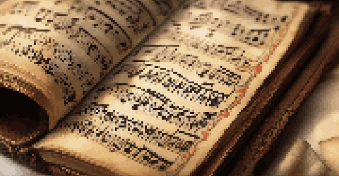 A close-up view of an ancient music manuscript open on a wooden table, showing intricate music notation in dark ink, with soft light filtering through a window.