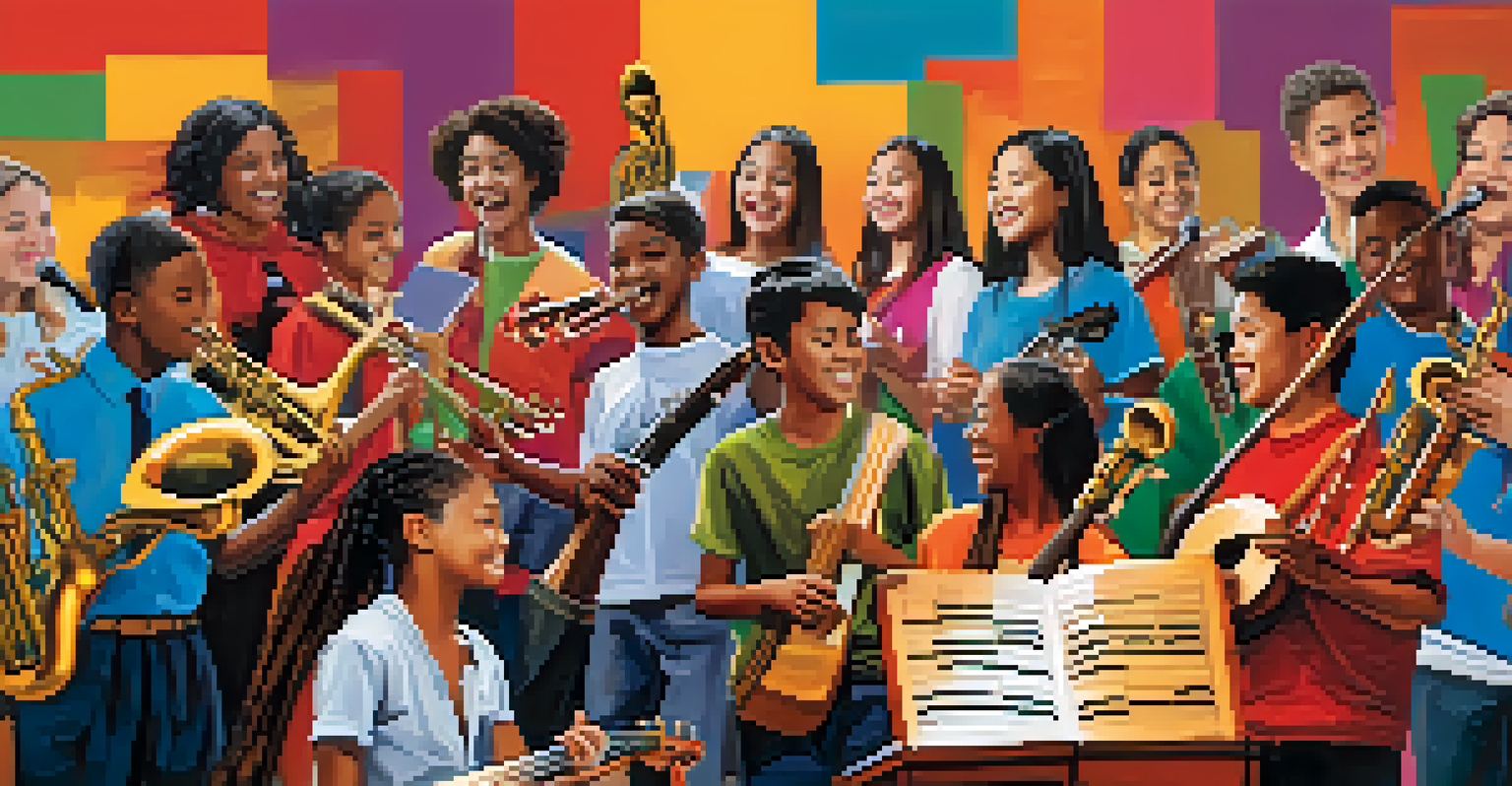 A collage of diverse students participating in musical activities, with cultural elements in the background, emphasizing the joy and importance of music education.