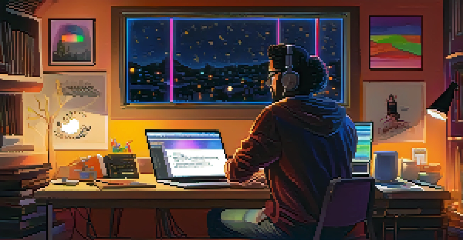 An artist using a synthesizer and laptop in a cozy room illuminated by the glow of screens and ambient lights.