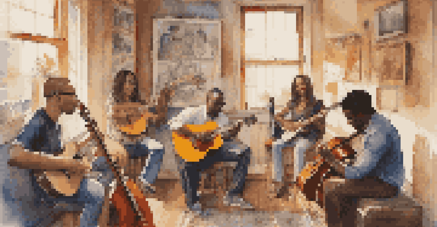 A diverse group of musicians collaborating in a cozy studio, playing different instruments, with sunlight streaming in and posters on the walls.