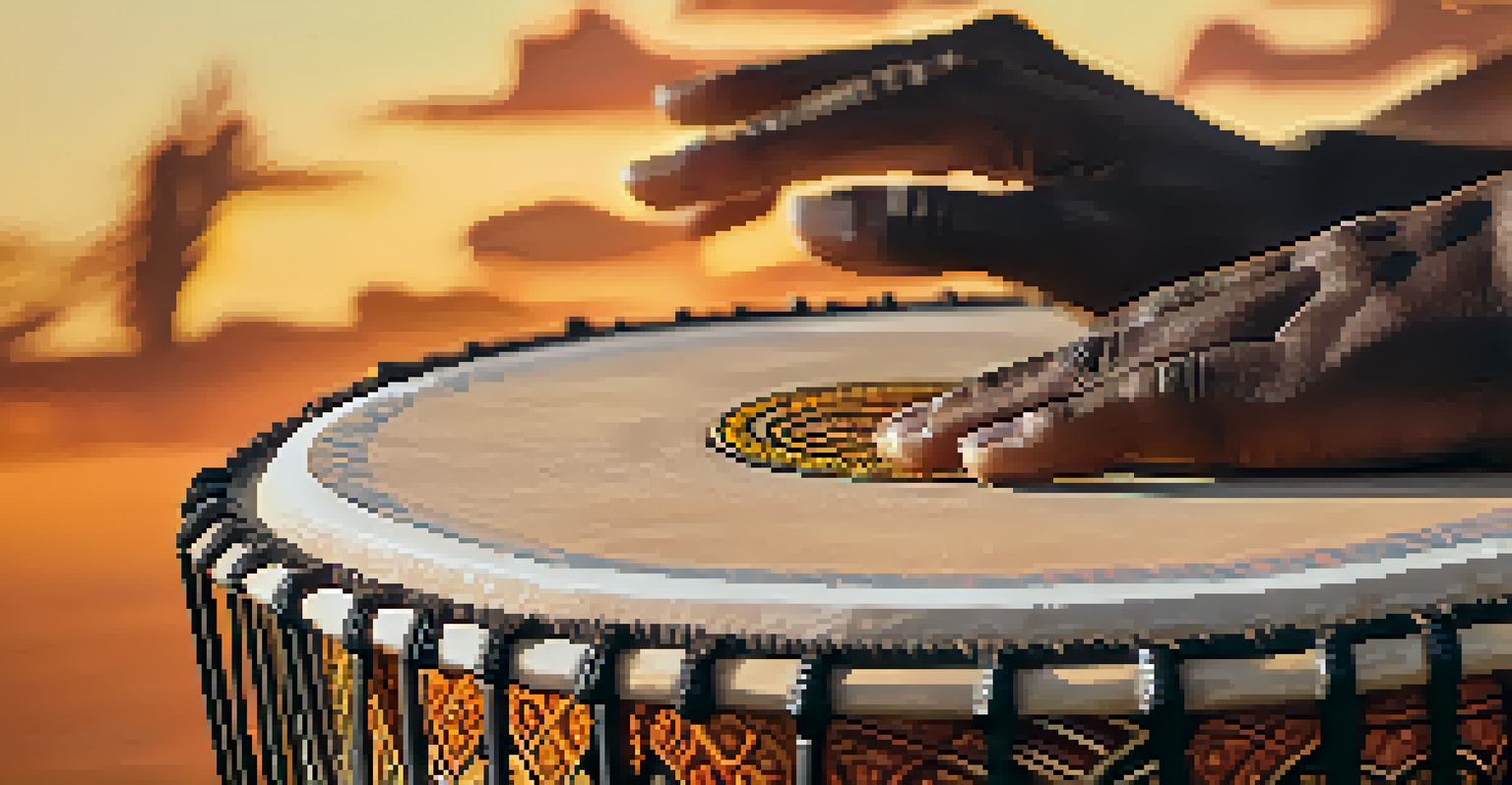 A close-up of hands playing an African drum with intricate patterns, set against a warm sunset background.