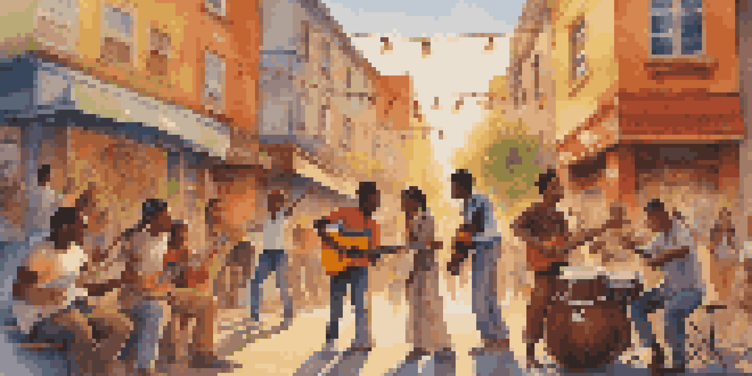 A lively street scene with young people of diverse backgrounds gathering to enjoy music, with colorful murals and various instruments in the background.
