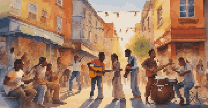 A lively street scene with young people of diverse backgrounds gathering to enjoy music, with colorful murals and various instruments in the background.