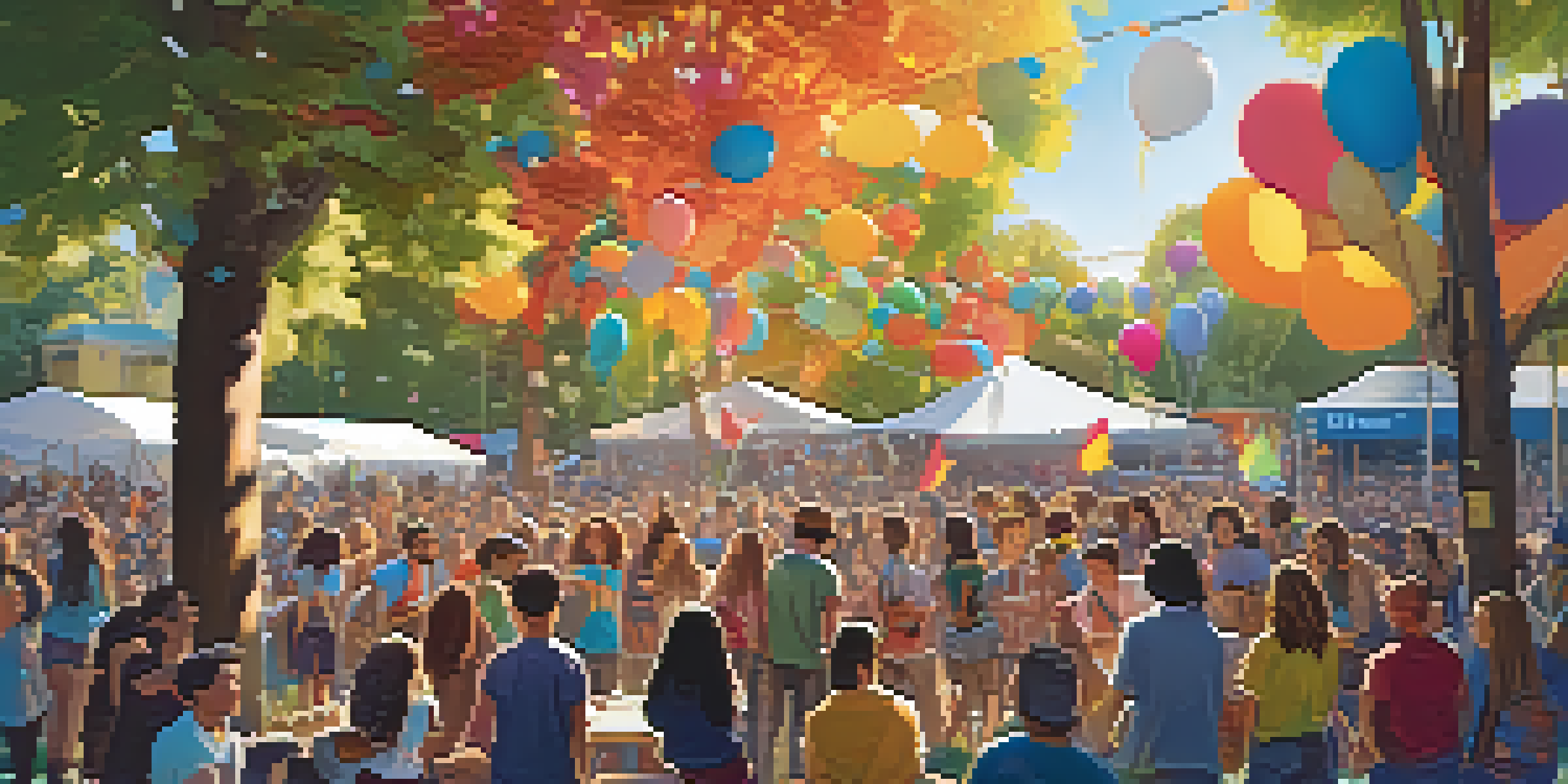 A lively community music festival with students performing on stage, colorful decorations, and an enthusiastic audience under sunlight filtering through trees.