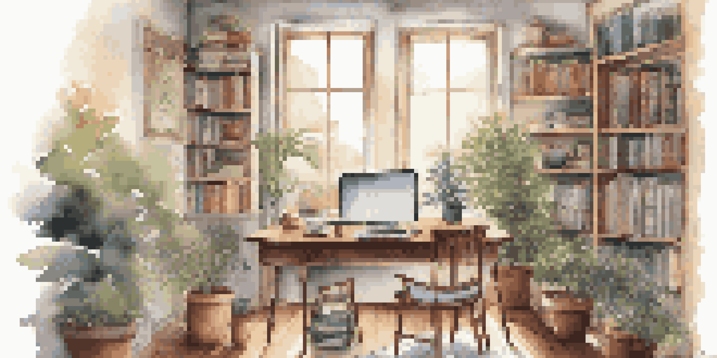 A bright study room with a desk, laptop, books, and a cup of coffee, surrounded by music notes that symbolize focus and productivity.
