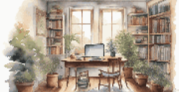 A bright study room with a desk, laptop, books, and a cup of coffee, surrounded by music notes that symbolize focus and productivity.