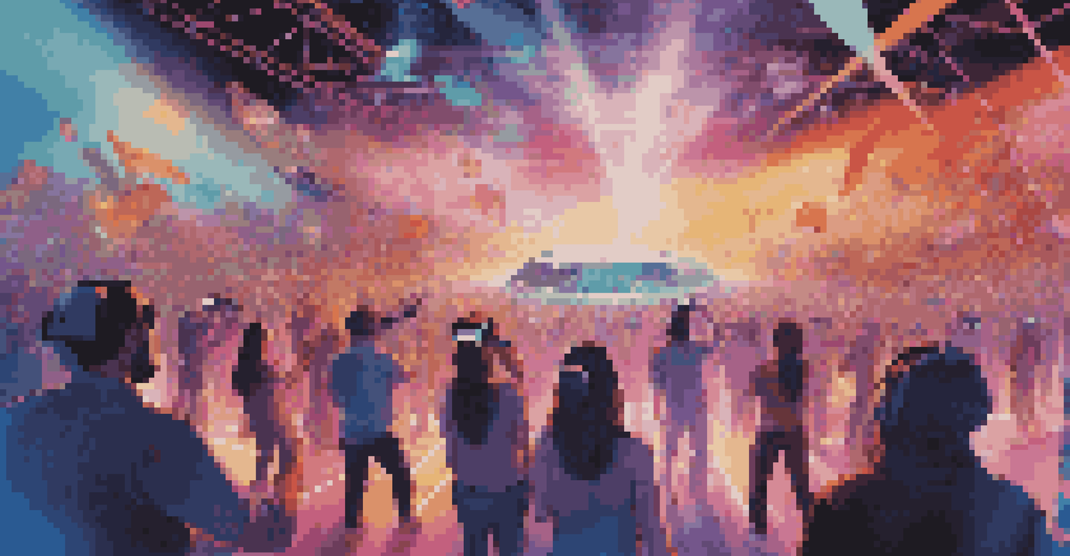 Fans experiencing a virtual reality concert with colorful digital visuals and holographic elements all around.