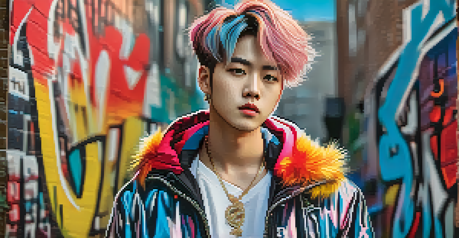 A fashionable K-Pop idol posing in front of colorful graffiti, showcasing their trendy outfit and bright hair.