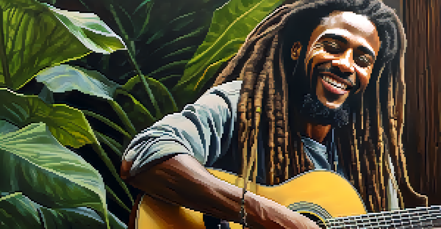 A close-up portrait of a smiling reggae musician playing an acoustic guitar in a rustic setting.