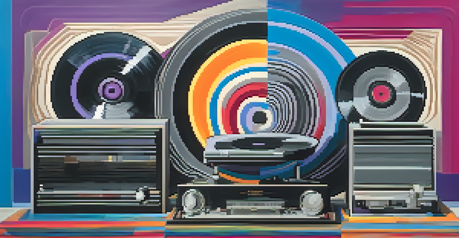 An abstract image of sound waves and musical notes from a record player, in vibrant blues and purples.