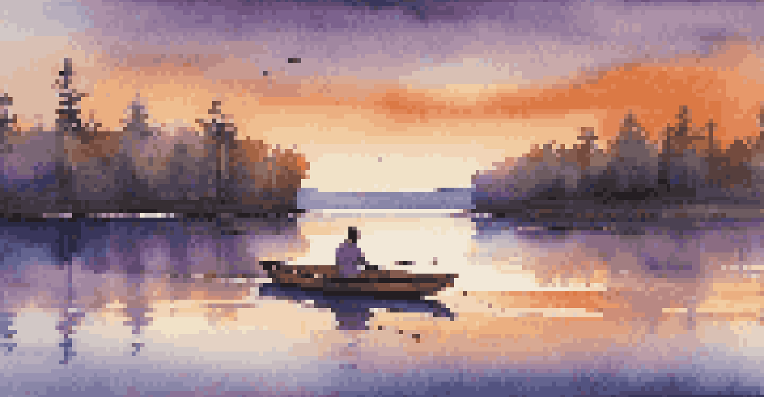 A sunset over a lake with a musician playing guitar in a boat.