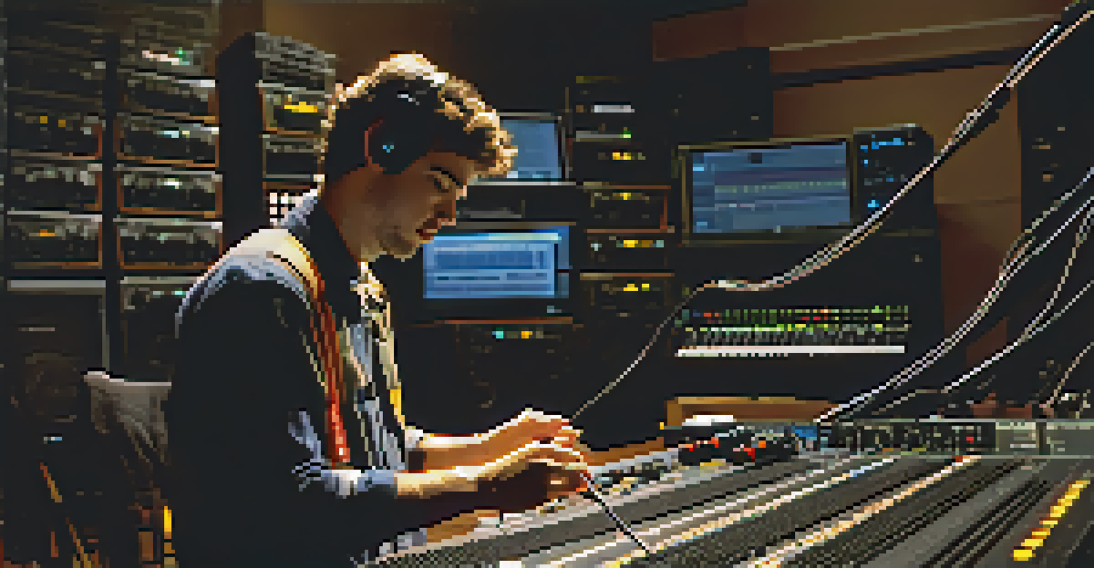 A technician adjusting settings on a wireless microphone receiver in a sound equipment-filled room.
