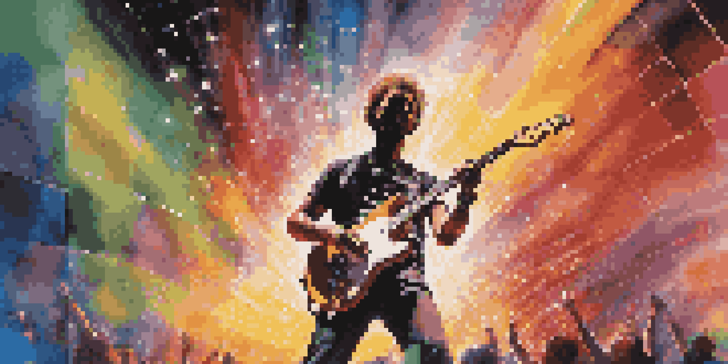 A musician on stage with an electric guitar, surrounded by colorful lights and video projections creating a lively atmosphere.