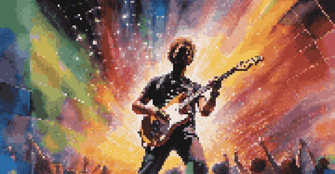 A musician on stage with an electric guitar, surrounded by colorful lights and video projections creating a lively atmosphere.