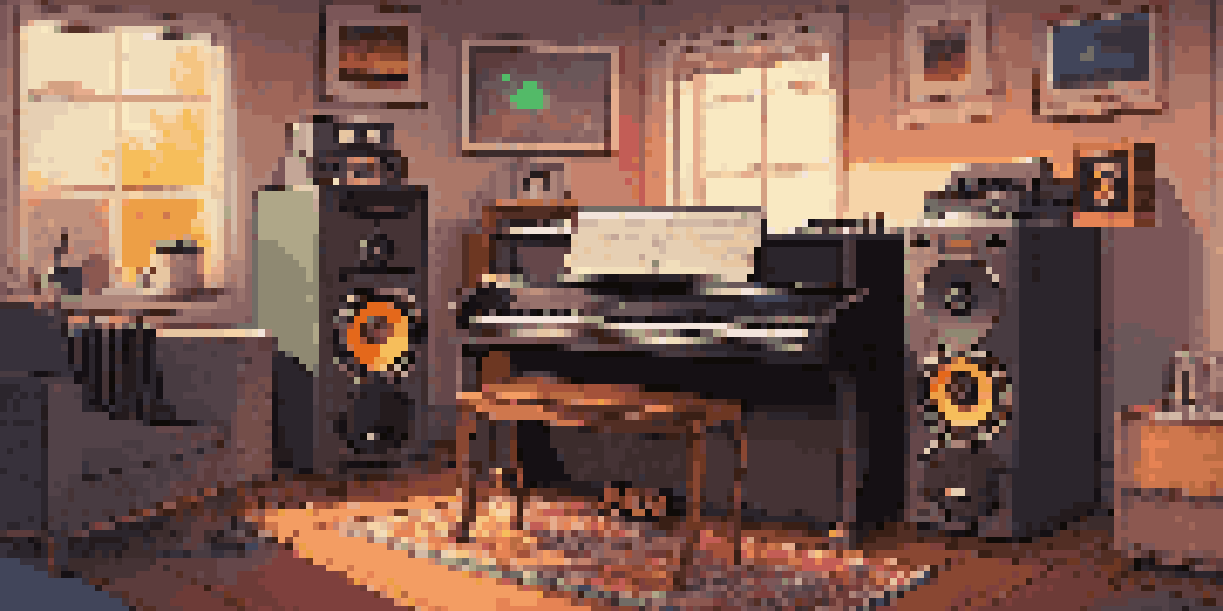 A warm and inviting home music studio featuring vintage instruments alongside modern digital equipment, illuminated by soft lighting.