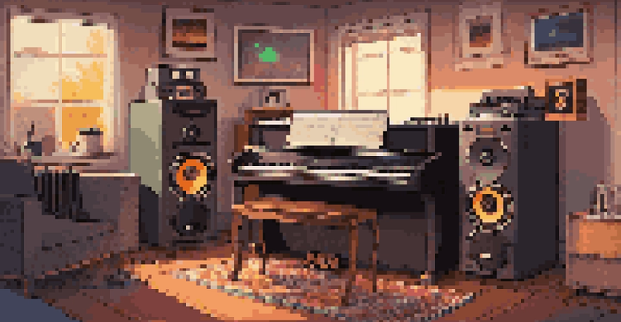 A warm and inviting home music studio featuring vintage instruments alongside modern digital equipment, illuminated by soft lighting.