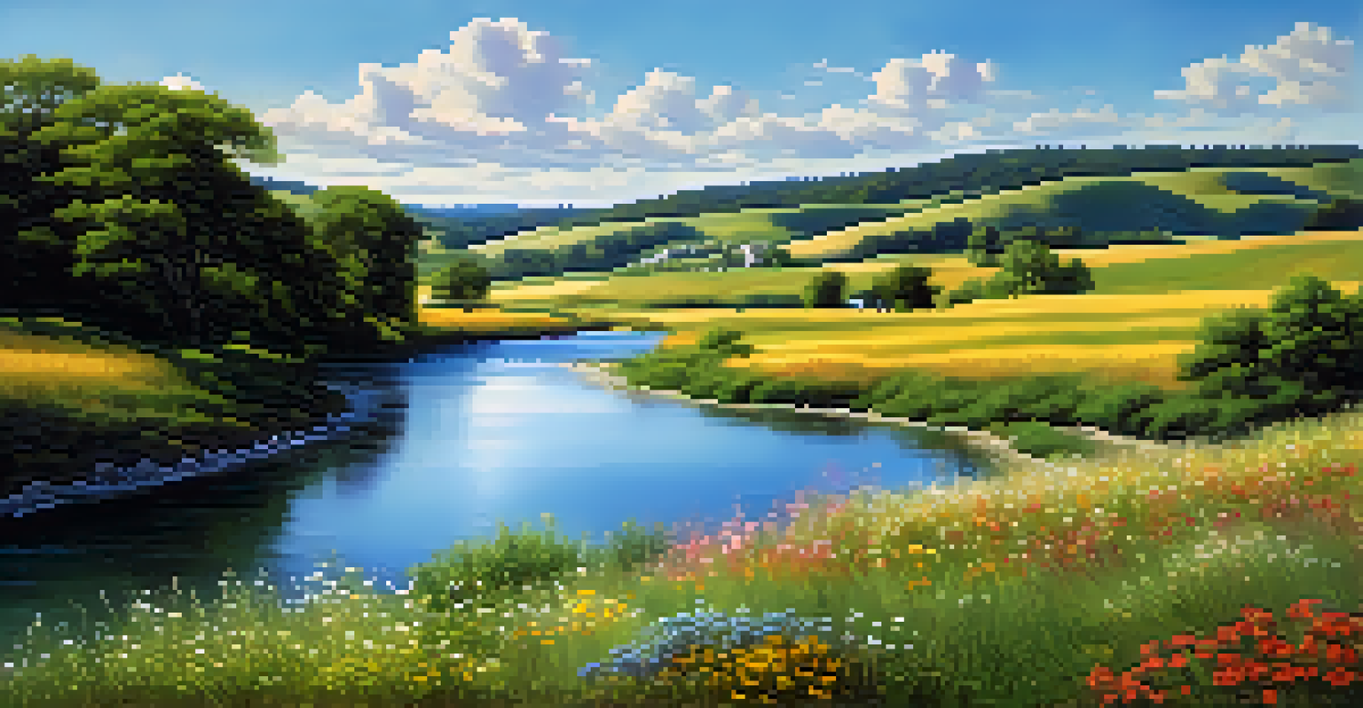 A peaceful scene with hills, a river, and vibrant wildflowers under a clear sky.