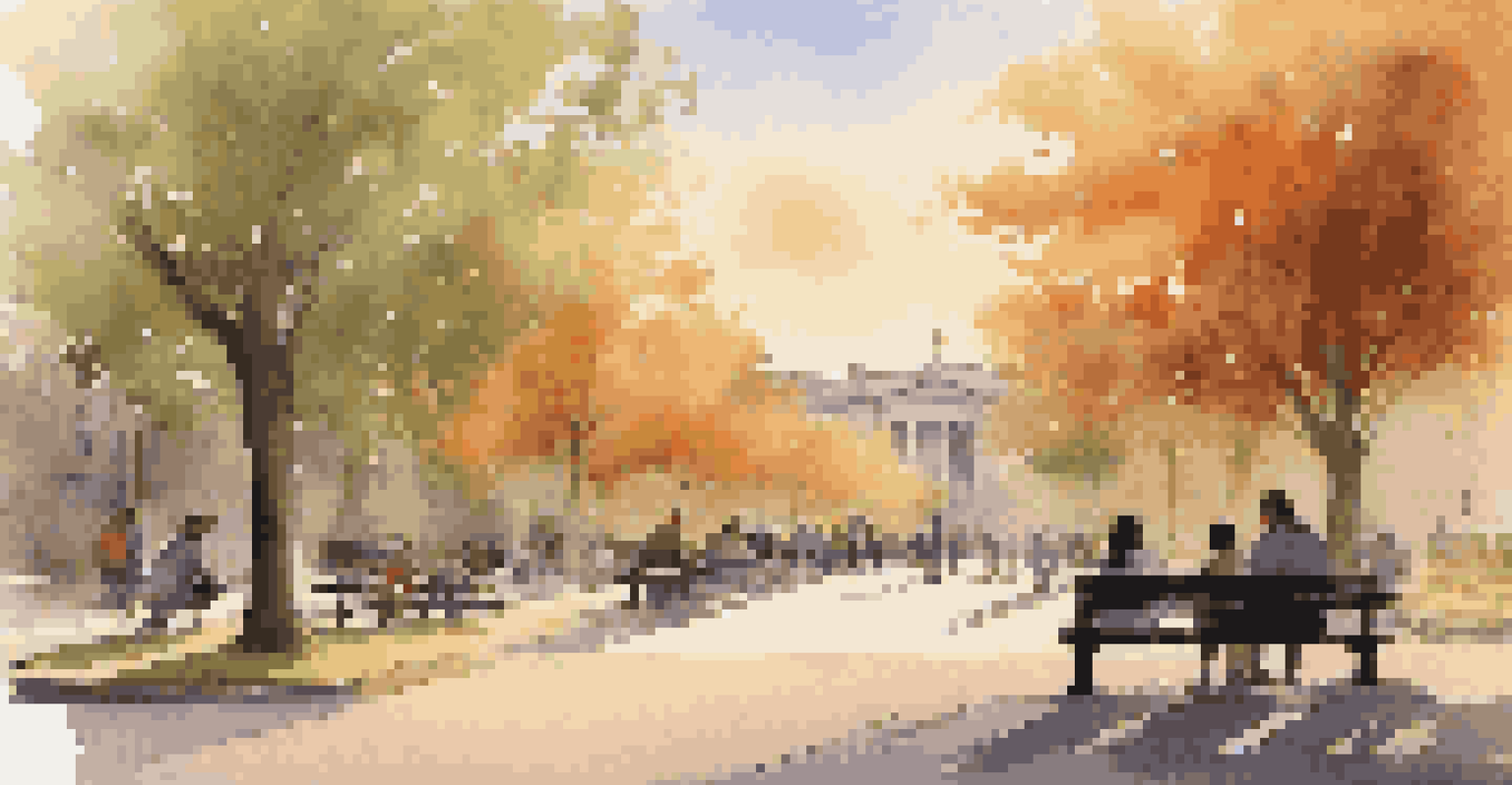 A city park at sunset with people relaxing on benches and trees gently swaying in the breeze, reflecting a peaceful urban environment.