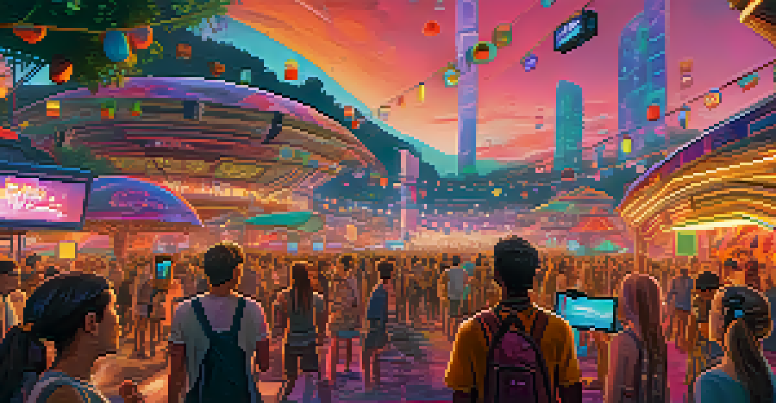 A vibrant music festival with multiple stages, where attendees wear AR glasses to interact with digital displays and enjoy the colorful environment.