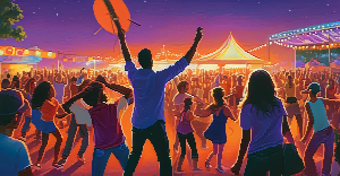 A lively music festival at sunset with a diverse crowd dancing and holding social justice banners.