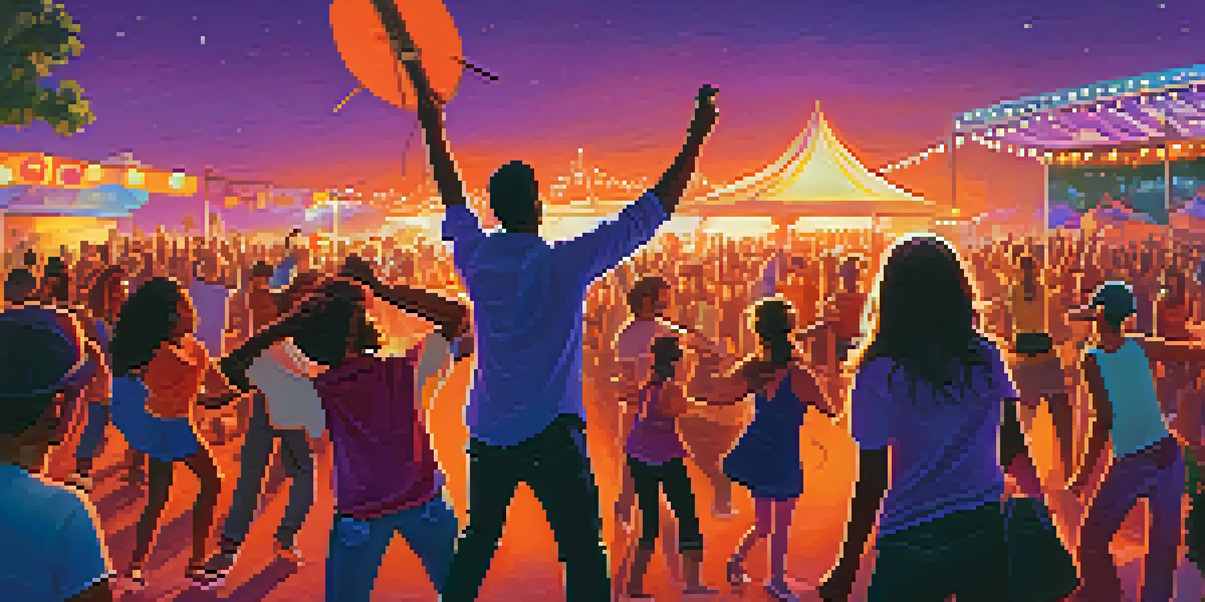 A lively music festival at sunset with a diverse crowd dancing and holding social justice banners.