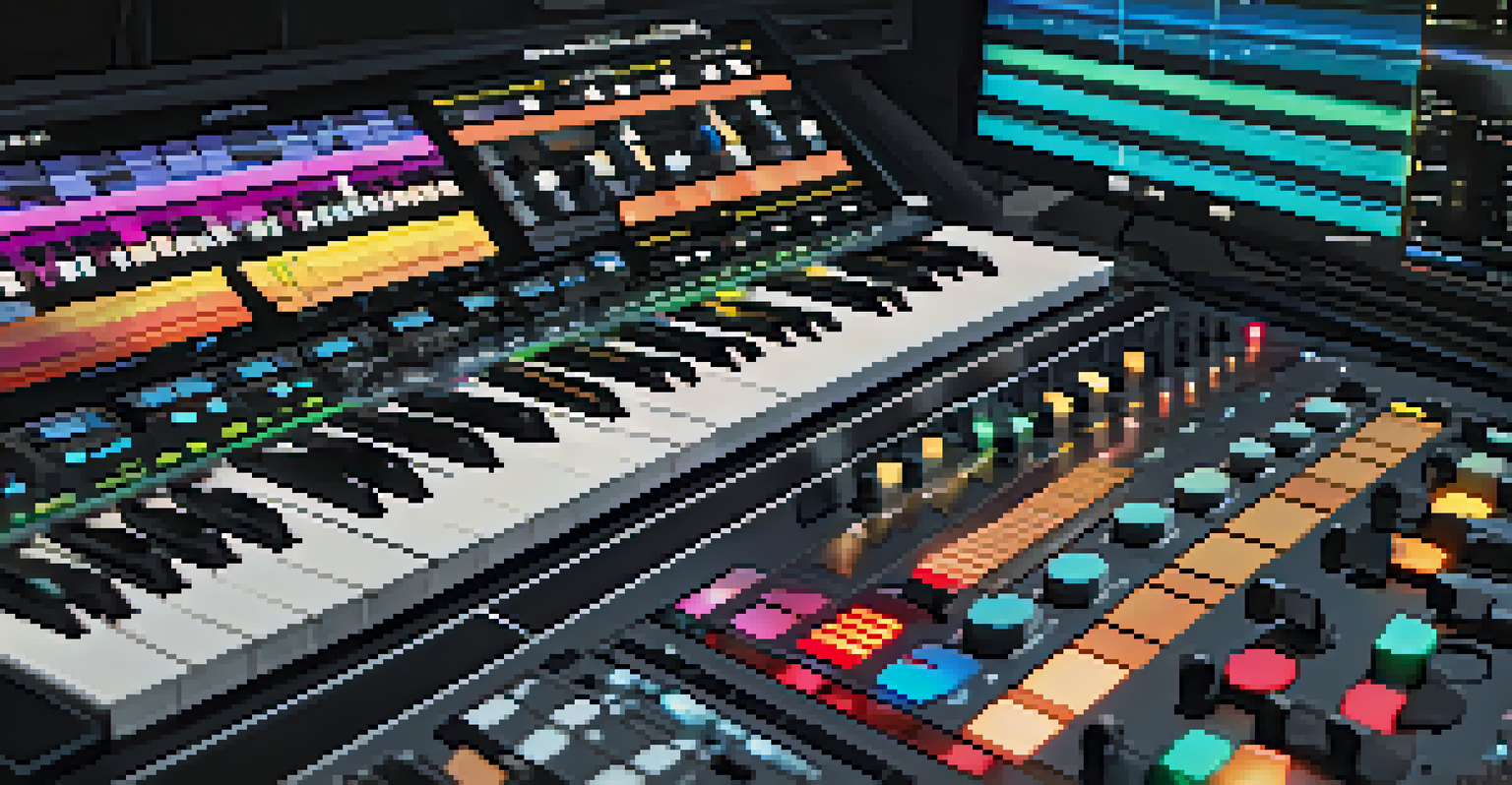 Close-up of a digital audio workstation on a computer screen, with colorful sound waves and notes, in a dimly lit room.