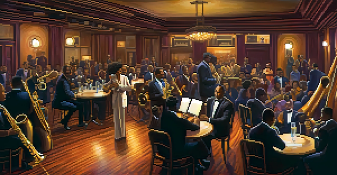 A lively jazz club with musicians playing saxophone and trumpet, diverse audience enjoying the music, and colorful lights illuminating the room.