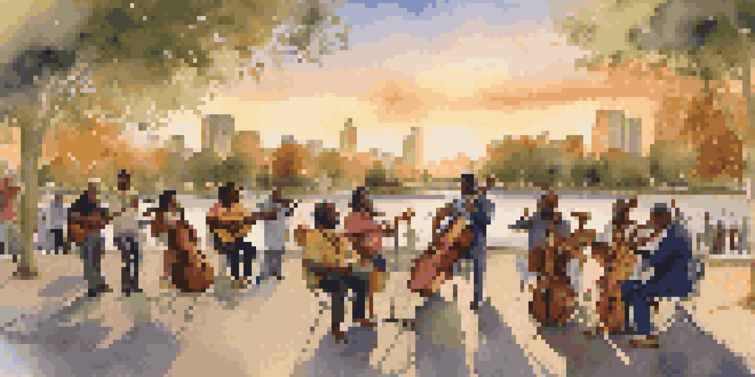 A vibrant scene of diverse musicians performing in a park at sunset, with an engaged audience enjoying the music.