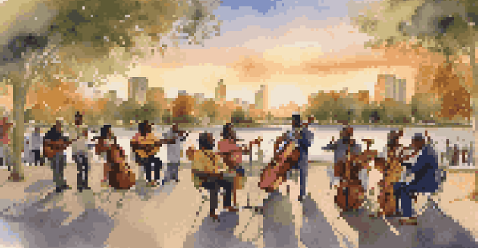 A vibrant scene of diverse musicians performing in a park at sunset, with an engaged audience enjoying the music.